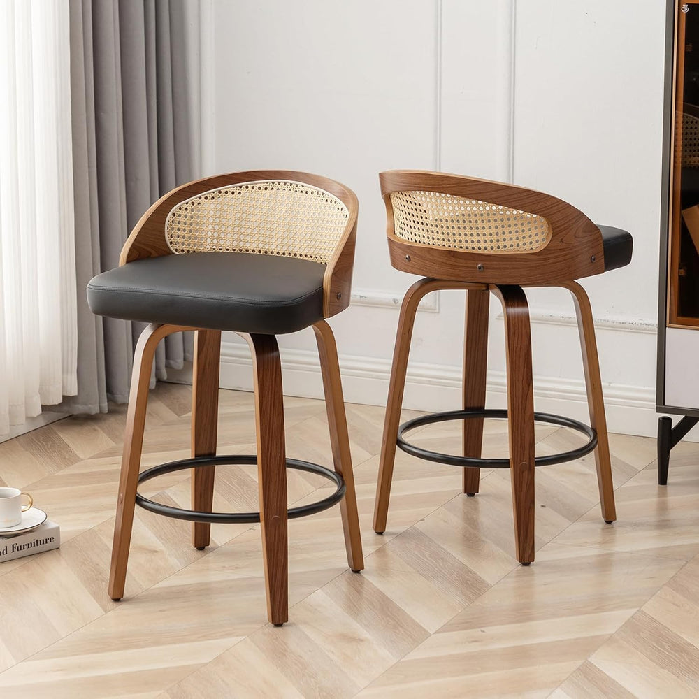 Swivel Rattan Bar Stools Set of 3 with Back,Black Leather barstool chairs