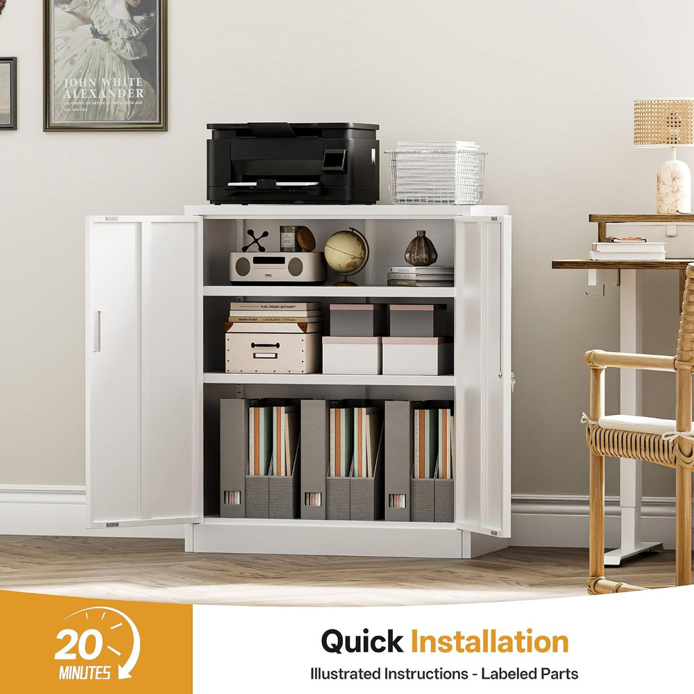 Metal Storage Cabinets，36" H White Metal Cabinet with Doors and 2 Adjust...