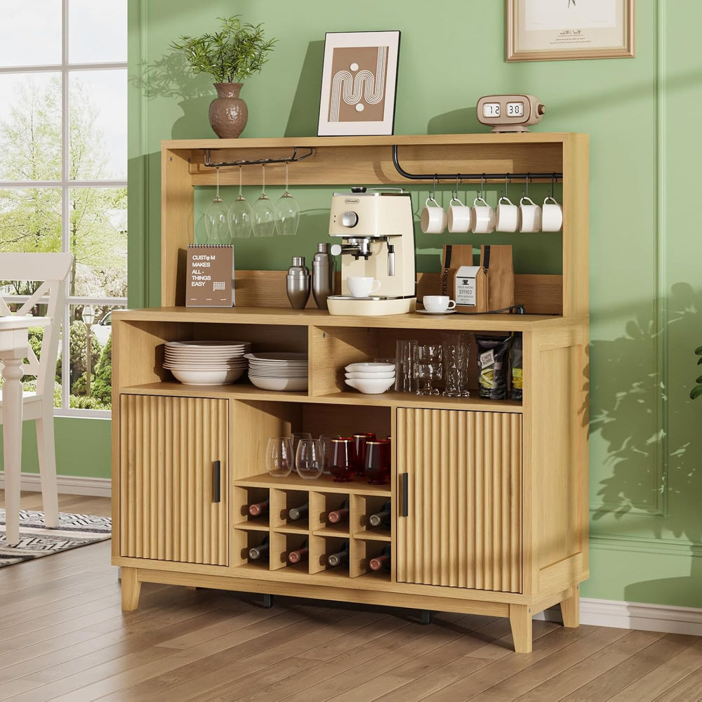 Fluted Coffee Bar Cabinet with Charging Station, 47.2" W Liquor Cabinet
