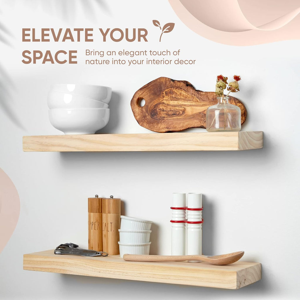 Homeforia 24 inch Wood Floating Shelves, High End Solid Natural Wood 24inch Floating Shelf for Wall, Unfinished Wooden 24 inches Floating Shelves, Heavy Duty Bracket, 24 X 6.5 X 1.75 in, Set of 2
