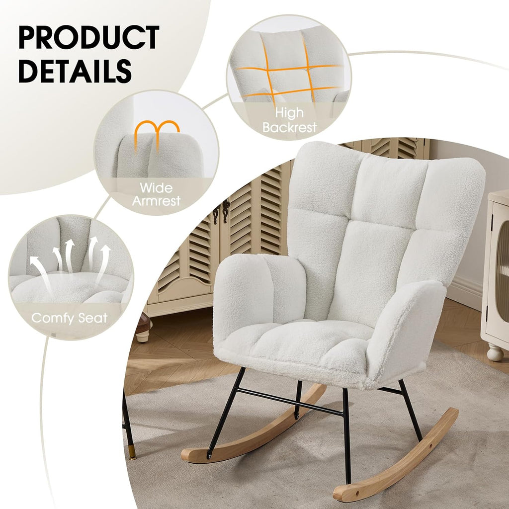 Nursery Rocking Chair, Teddy Upholstered Glider Chair with Thick Cushion, Tufted Gliding Rocker Chair with Wood Leg, Cozy Rocking Armchair, Accent Rocking Chair for Living Room (Ivory)
