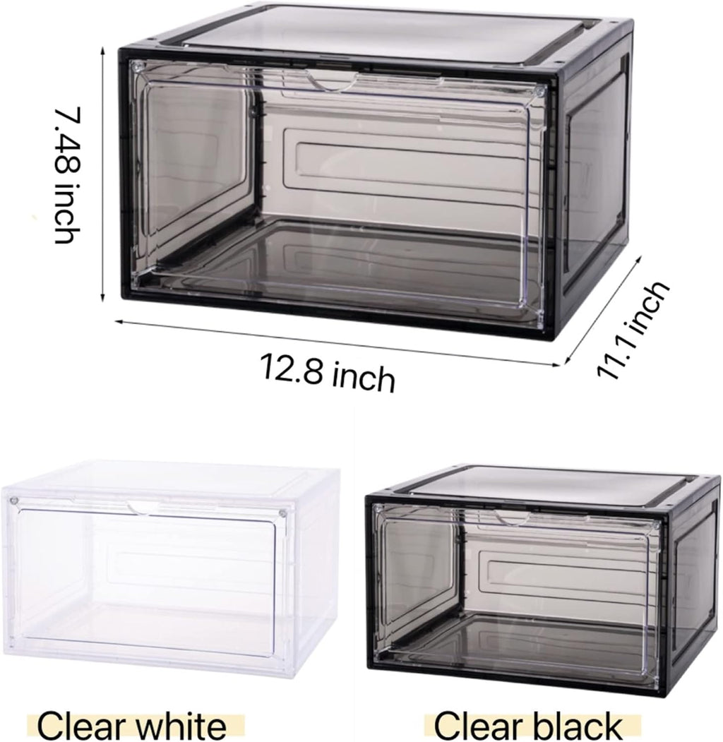 Attelite Large Clear Shoe Box Organizer,Plastic Stackable Shoe Storage Box with Magnetic Door, Large Clear Door Shoe Containers for Display Sneakers, Easy Assembly（Black）