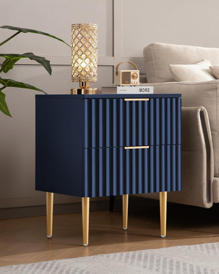 SICOTAS Night Stand Set 2, Fluted Glossy Nightstands Set of 2 with Drawers | Wide Modern Blue Storage Bedside Table for Bedroom, End Side Table with Golden Metal Legs and Handles, 2 Pieces