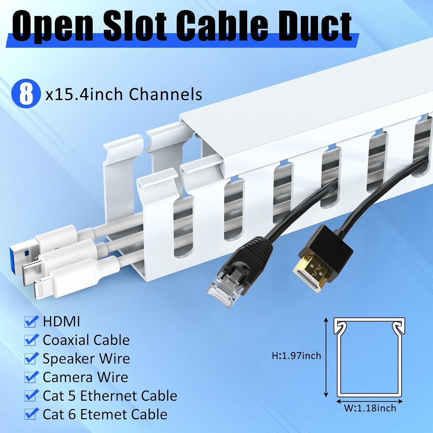Open Slot Wiring Raceway Cable Duct, 123in Cable Management Channel Cord Track,Desk Wire Channel, Under Desk Cable Management to Hide Cables, Wires for Computers - 8x15.4in x1.18in x1.57in