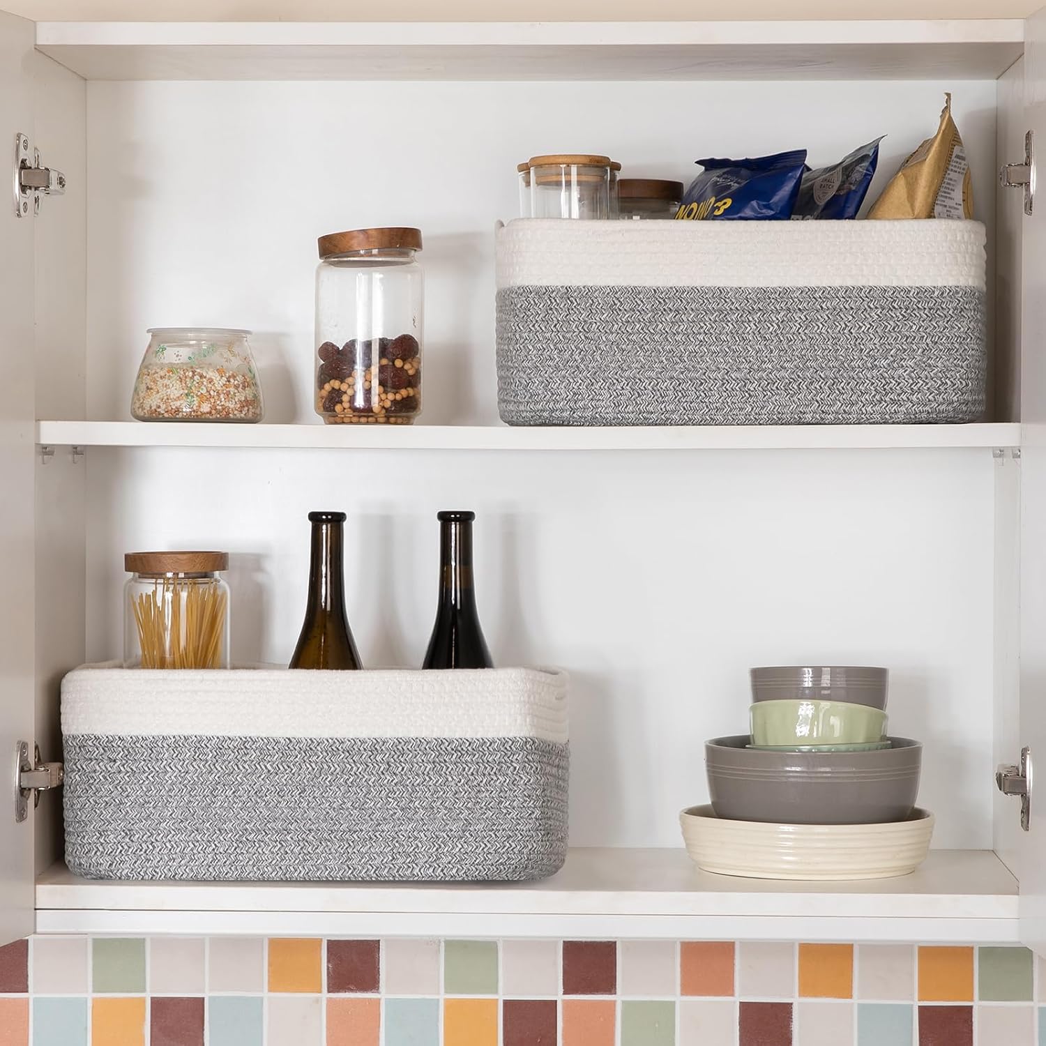 Storage Baskets for Organizing 3 Pack, Woven Baskets for Shelves, Closet Organizer Bins Empty Gift Basket Toy Storage for Toys, Books, Towels, Clothes, 15"x11.42"x6.7", Grey