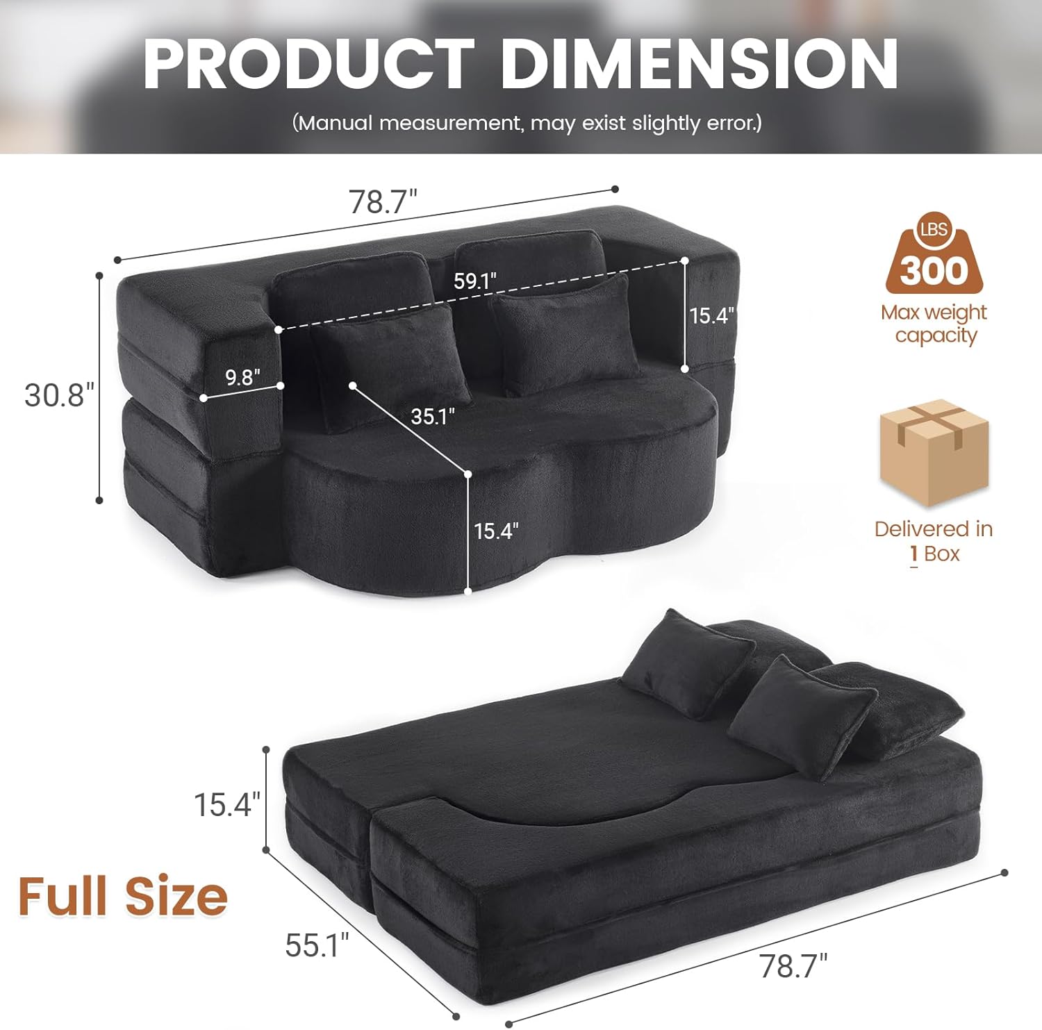 78” Folding Sleeper Sofa Bed, Full Size Boneless Couch, Black | Convertible Loveseat, Deep Seat, Soft Chenille, 4 Pillows, No Assembly Required, for Guest Living Room Bedroom