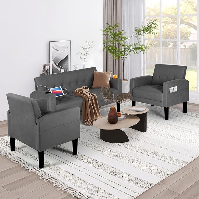 AILEEKISS 3 Piece Living Room Sofa Set Loveseat Sofas Sets with 2 USB,Cup Holders,Side Pocket,Modern Fabric 3 Pcs Sectional Couches Set for Apartment,Office,Bedroom (2-Seat+1-Seat+1-Seat, Dark Grey)