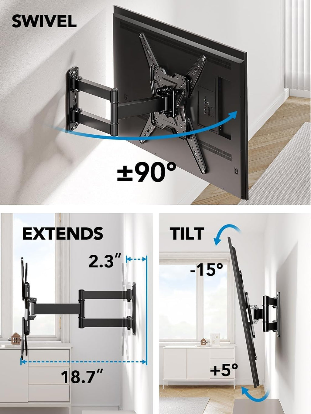 Pipishell TV Wall Mount for Most 26 32 50 55-60 inch TVs, Full Motion TV Mount with Swivel, Tilt & Extension, Single Stud Wall Mount Bracket Holds up to 77 lbs, Max VESA 400x400mm, PIMF11
