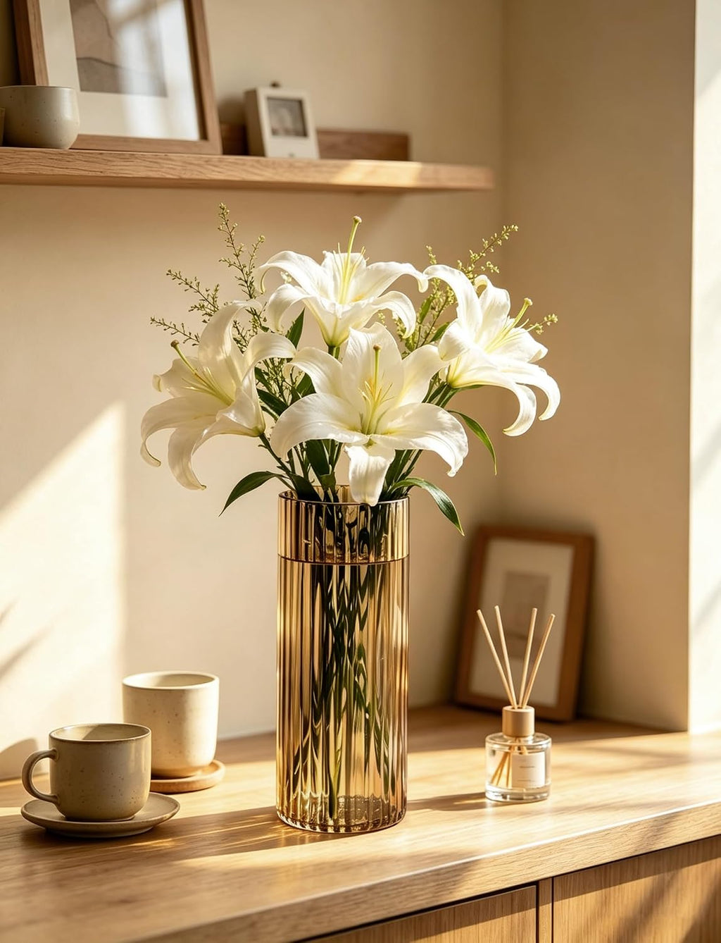 Brown Fluted Glass Vase, 9.8 Inch Thick-Wall Cylindrical for Flowers | Wide Smooth Opening, Weighted Thick Base, Tabletop Centerpiece