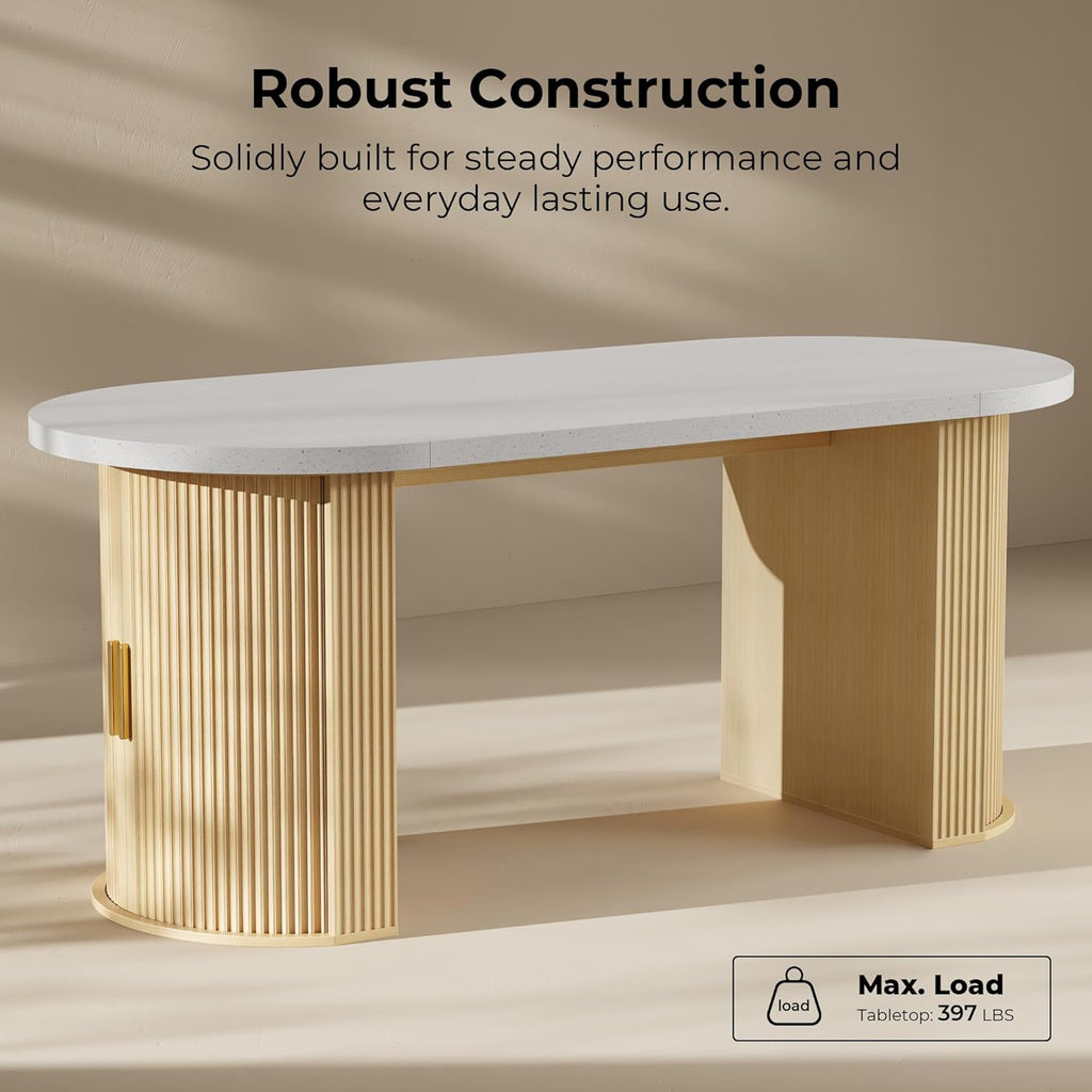IRONCK 71" Oval Dining Table with Hidden Storage, Oak | Faux quartz-pattern laminate top, dual-sided cabinets, fluted engineered-wood base, and 397 lb capacity.