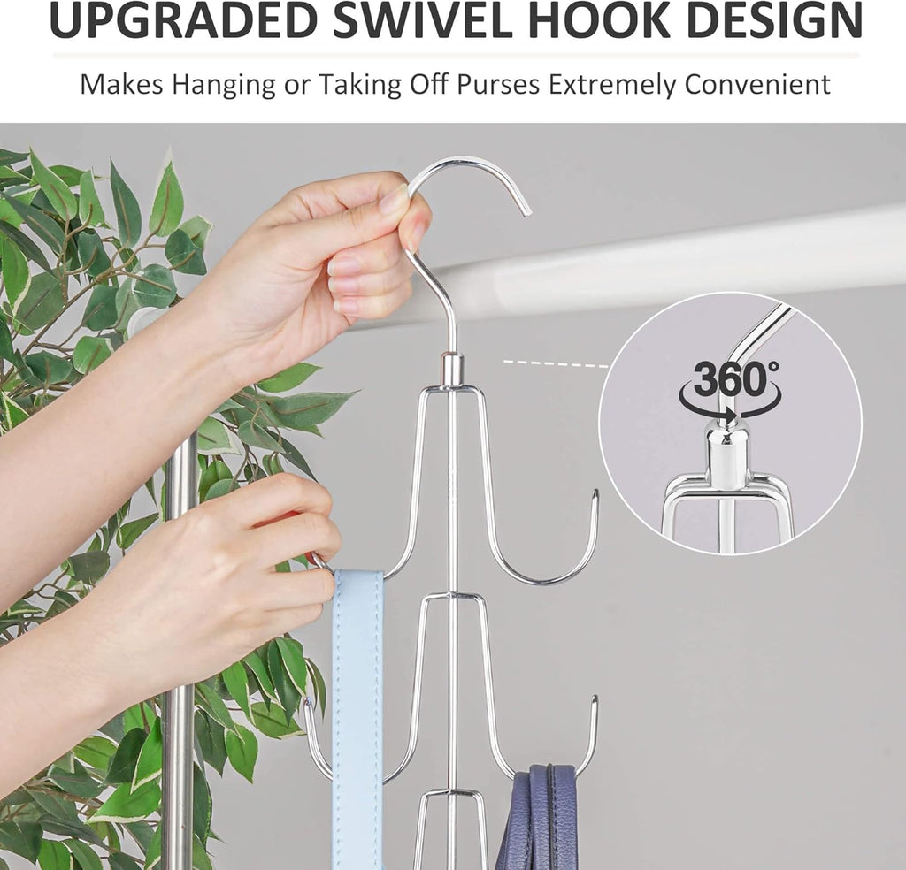 ZEDODIER 2 Pack Purse Organizer for Closet, Rotatable Purse Hanger Bag Holder, Max 16 Storage Capacity Backpack Rack, Metal Space Saving Hanger, Silver