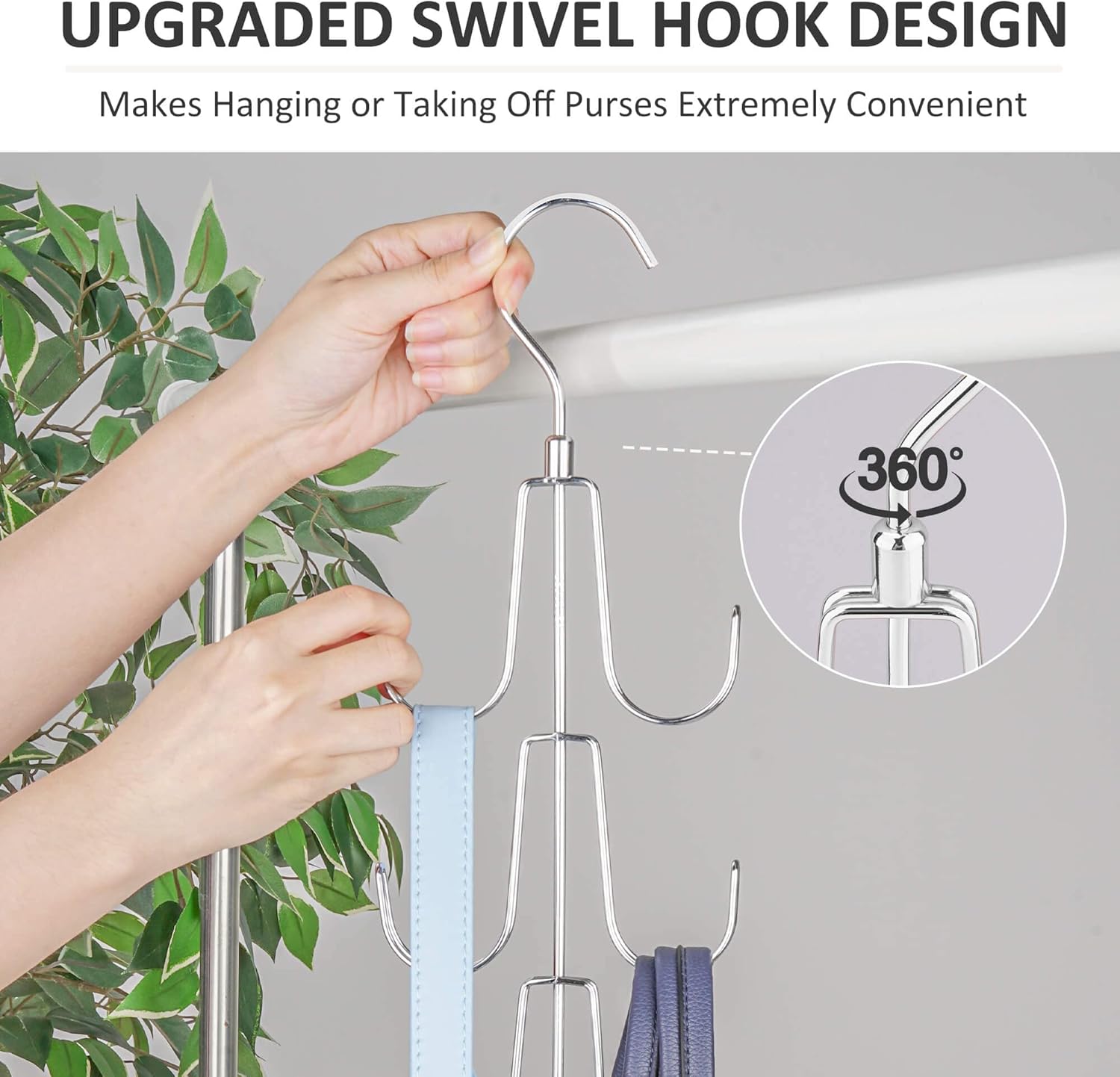 ZEDODIER 2 Pack Purse Organizer for Closet, Rotatable Purse Hanger Bag Holder, Max 16 Storage Capacity Backpack Rack, Metal Space Saving Hanger, Silver