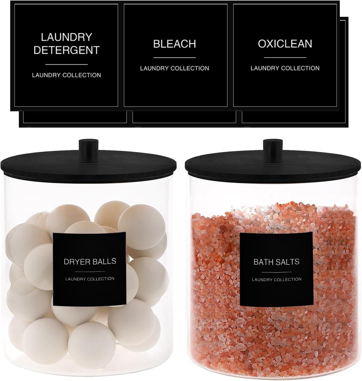 TIPGO Glass Jars for Laundry Room Organization, Laundry Pods Container with 27 Labels, Detergent Holder with Bamboo Lid, Cute Storage Jars, Black (Set of 2)