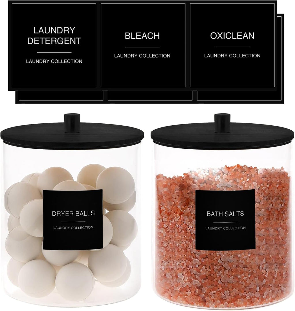 TIPGO Laundry Pods Container with 27 Labels, Glass Jars for Laundry Room Organization, Detergent Holder with Bamboo Lid, Cute Storage Jars, Black (Set of 1)