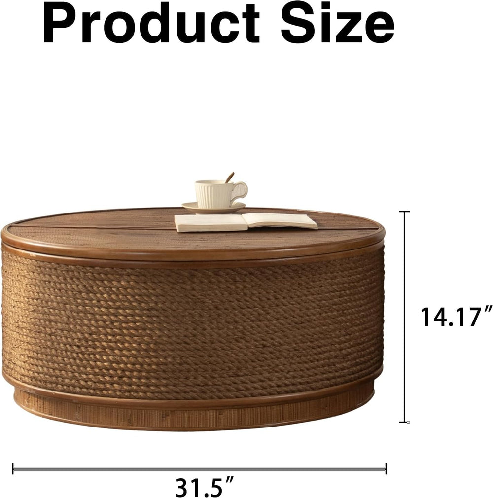 Round Rattan Coffee Table Set of 2 with Lift-Off Lid Storage, Boho-Chic End T...