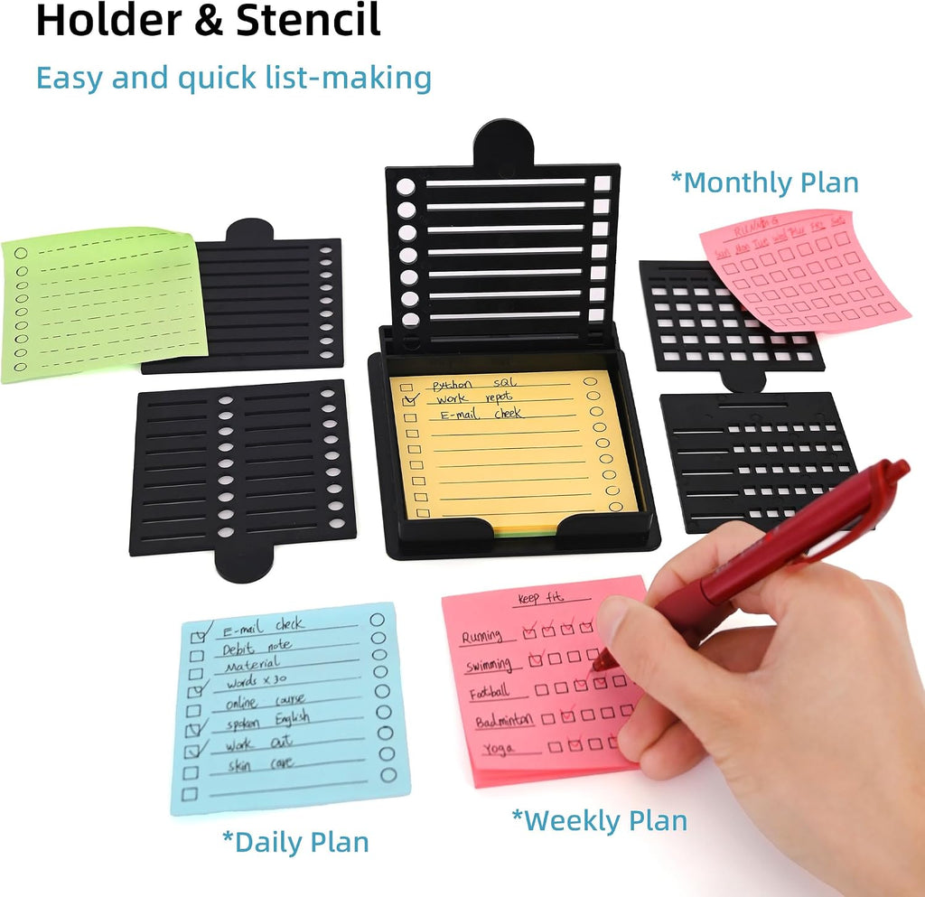 Sticky Note Holder Compatible with Post It Notes, 3x3 Sticky Note Stencil Dispenser with Template, Memo Pad Organizer with Five Line Box Drawing Template for Home and Office