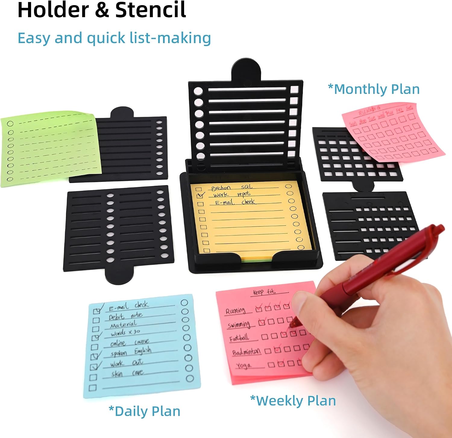 Sticky Note Holder Compatible with Post It Notes, 3x3 Sticky Note Stencil Dispenser with Template, Memo Pad Organizer with Five Line Box Drawing Template for Home and Office