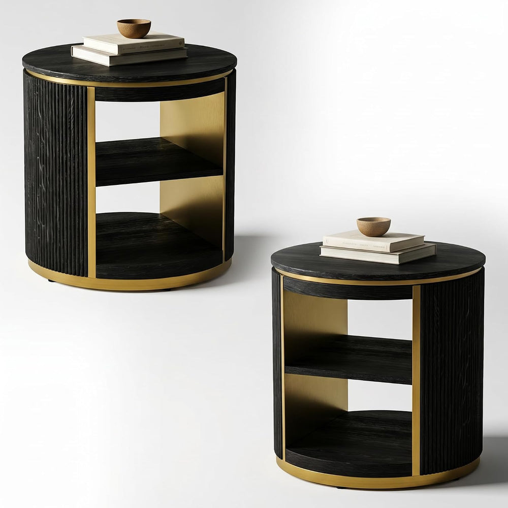 AUZ Round Black and Gold Fluted End Table Set of 2, 22" Mid Century Mode...
