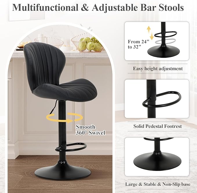 COLAMY Bar Stools Set of 6, Modern Swivel Bar Chairs, Adjustable Faux Leather Upholstered Barstools Counter Height with High Backrest for Bar, Kitchen Island, Dining Room, Black