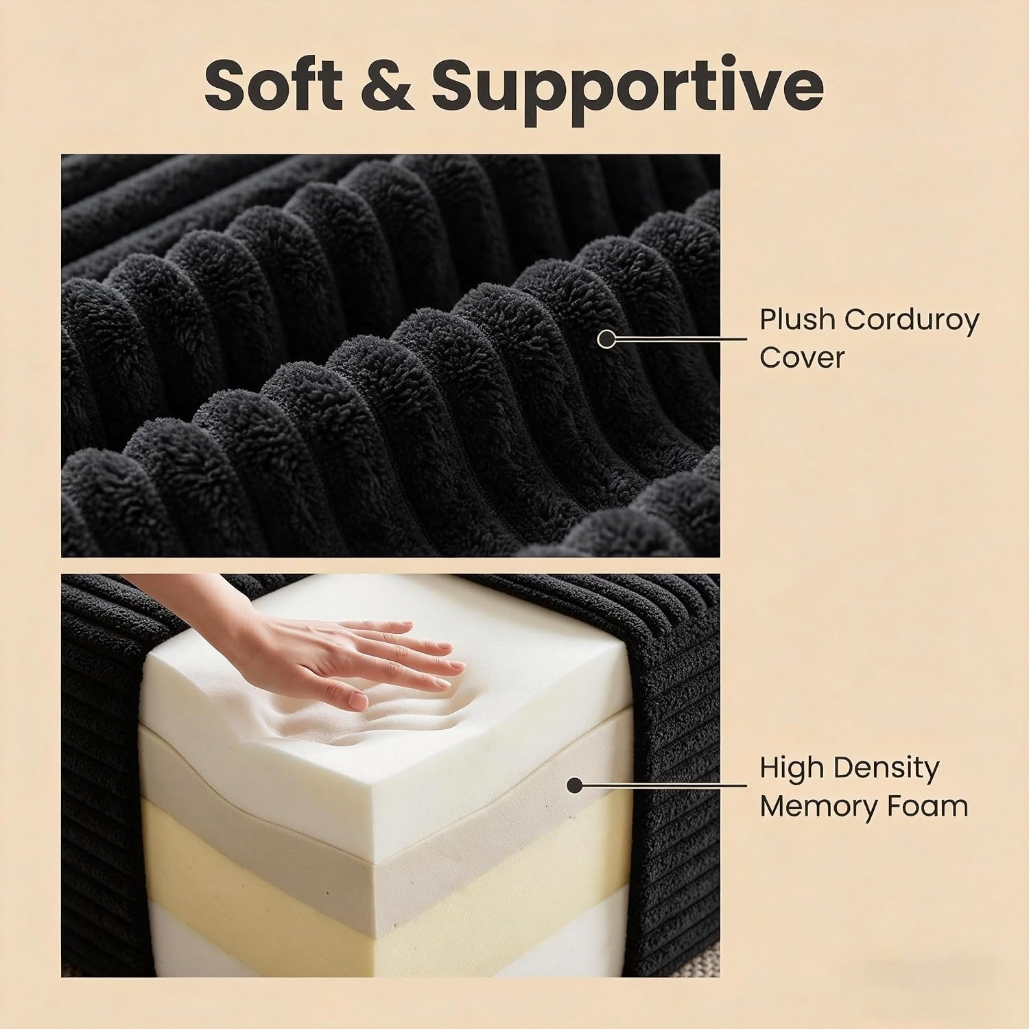 25.6" Corduroy Ottoman Foot Rest,Plush Memory Foam Couch Ottomans,Boneless Compressed Sofa in a Box for Living Room No Assembly Require,Black