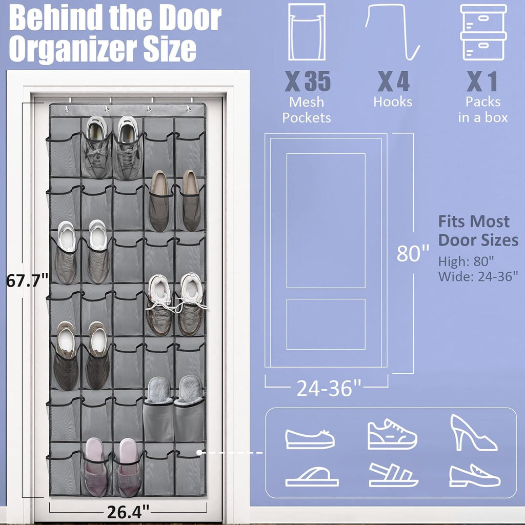 Over the Door Shoe Organizers 35 Mesh Pockets Hanging Shoe Organizer Shoe Rack for Closet Entryway Bedroom Bathroom Pantry Shoe Holder for Sneakers, High Heeled Shoes, Flip Flops (Gray 67.7” × 26.4”)