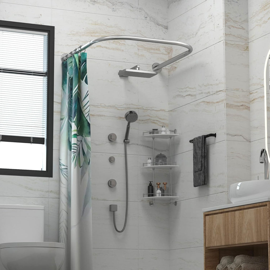 U Shower Curtain Rod Adjustable Stainless Steel U Shaped Rack Drill Free Install for Bathroom, Bathtub, Clothing Store (U Shaped, Length on both sides:31.5"-47",Middle width:34.7"-43")