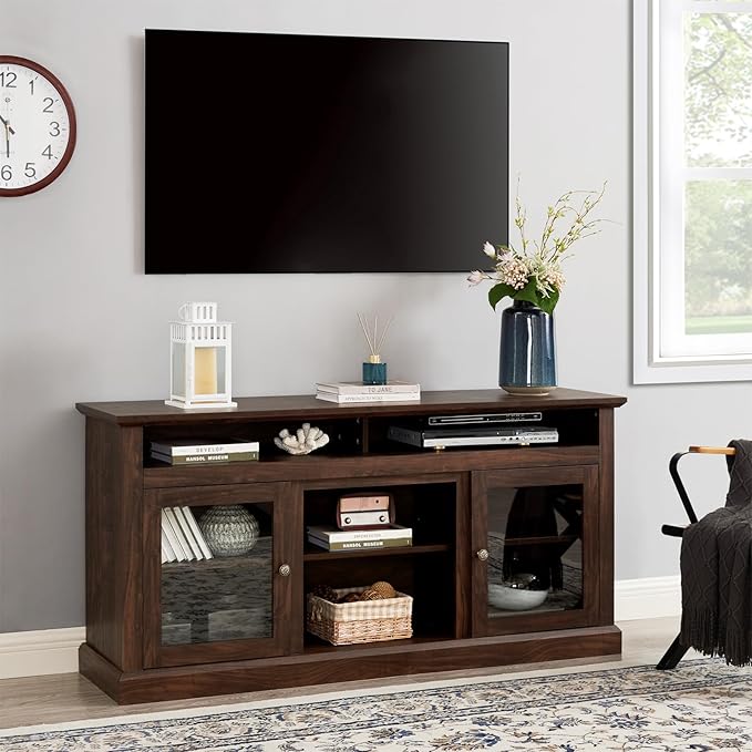 TV Stand for 65" TV: 60 Inch Entertainment Center Console with Glass Doors | Tall Rustic Wood TV Cabinet with Adjustable Shelves and Storage Cabinet for Living Room - Brown