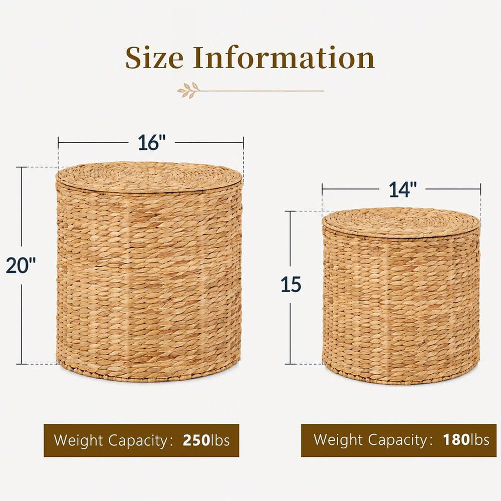 Round Water Hyacinth Storage Ottoman with Lid | Handwoven Water Hyacinth Foot...