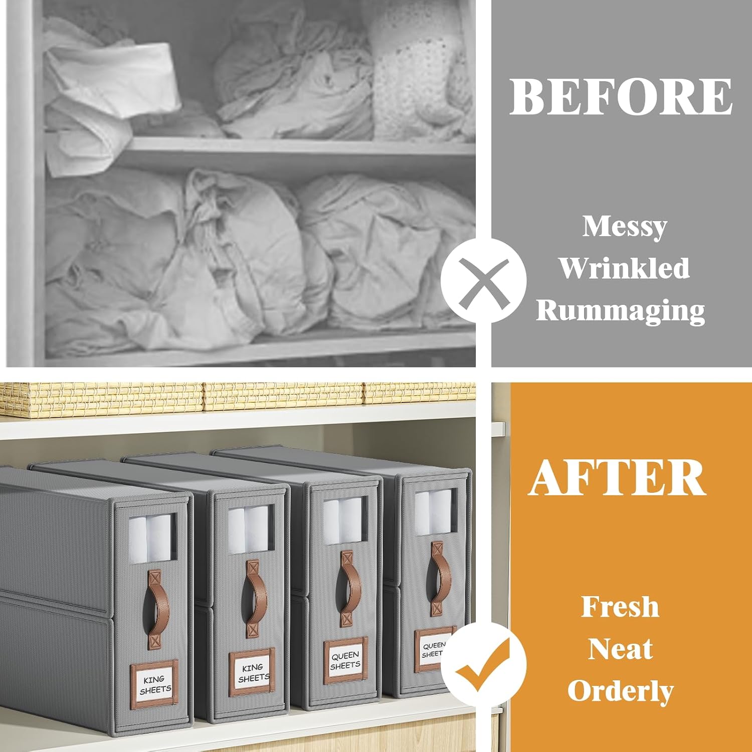 4 Pack Foldable Bed Sheets Set Organizers and Storage(King & Queen Size),Linen Fabric Closet Organizers with Window,Folding Bedding Storage Box for Bedsheets and Pillow Cube Organizer-Gray