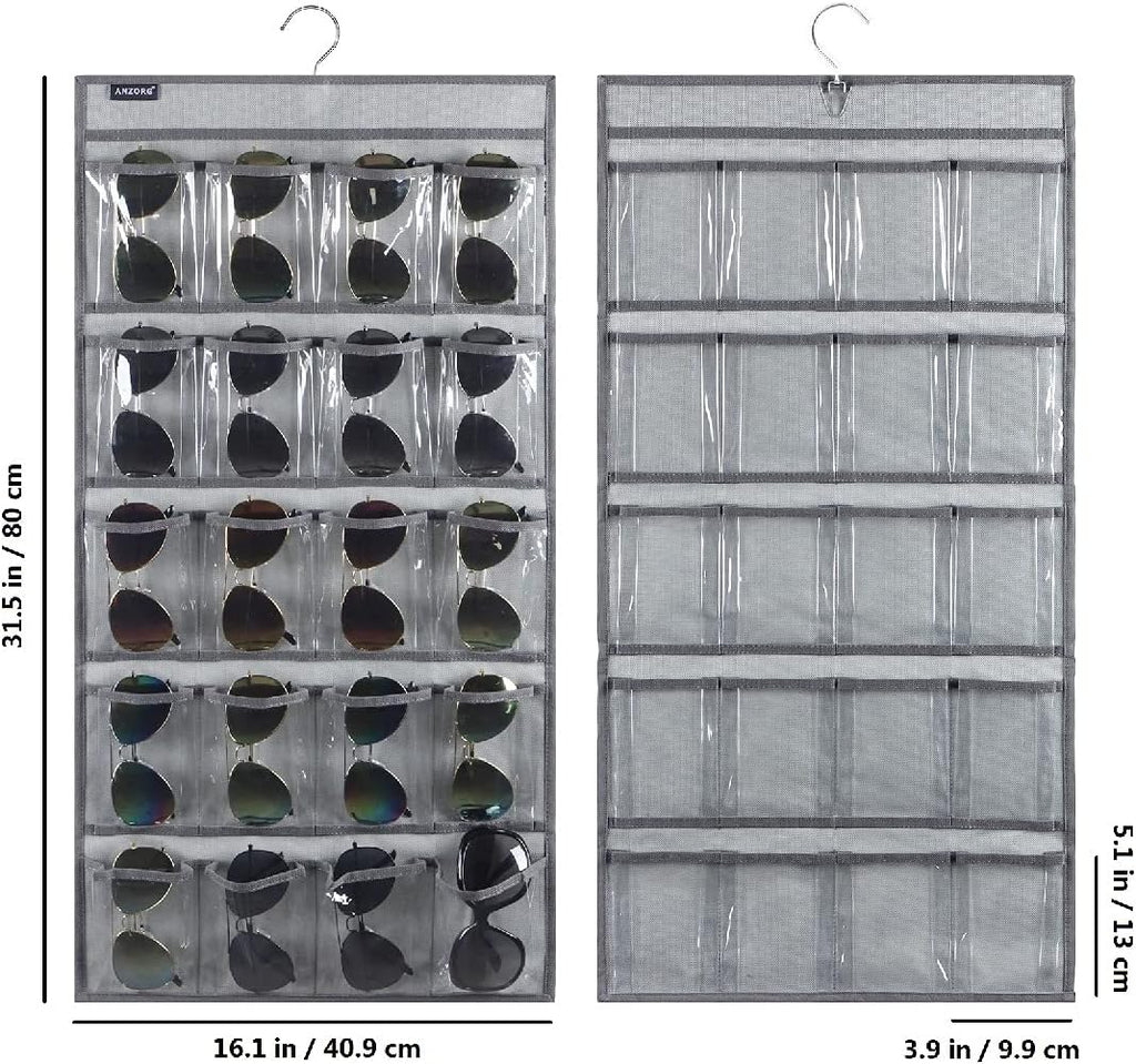 Dual Sided Hanging Sunglasses Organizer Storage Wall Mounted Eyeglasses Holder Eyewear Display Case with 40 Clear Slots (40 Pockets-Grey)