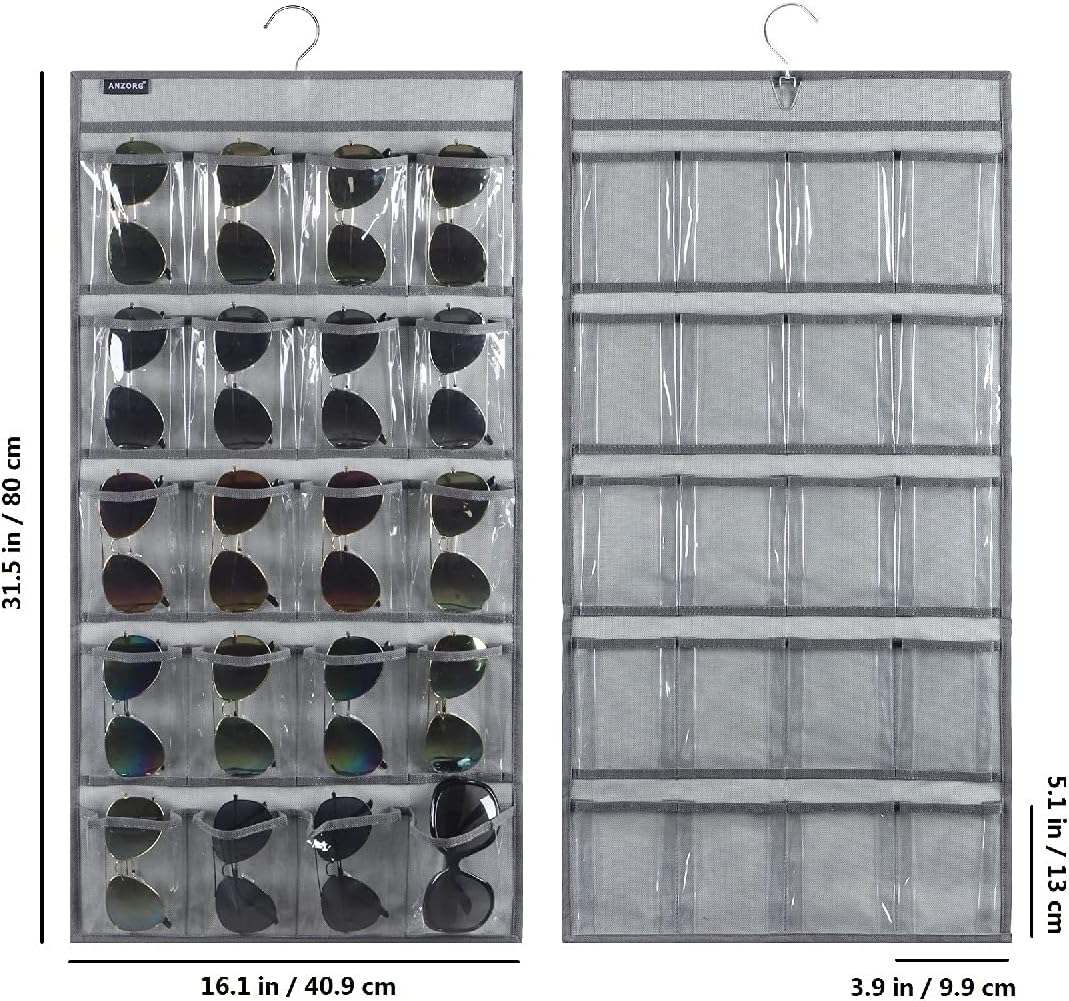 Dual Sided Hanging Sunglasses Organizer Storage Wall Mounted Eyeglasses Holder Eyewear Display Case with 40 Clear Slots (40 Pockets-Grey)