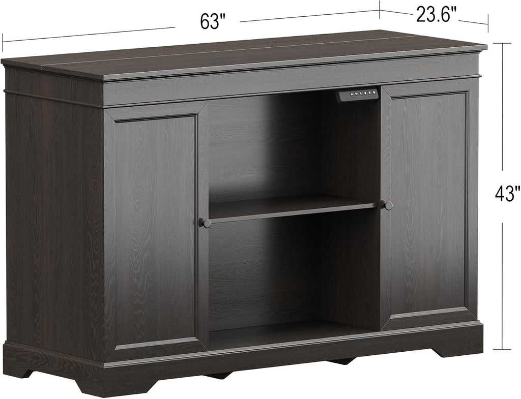 GDLF Hidden Motorized TV Lift Cabinet for 55-65 Inch TVs, Walnut | Remote control operation raises or lowers the screen, while interior compartments organize media devices and accessories
