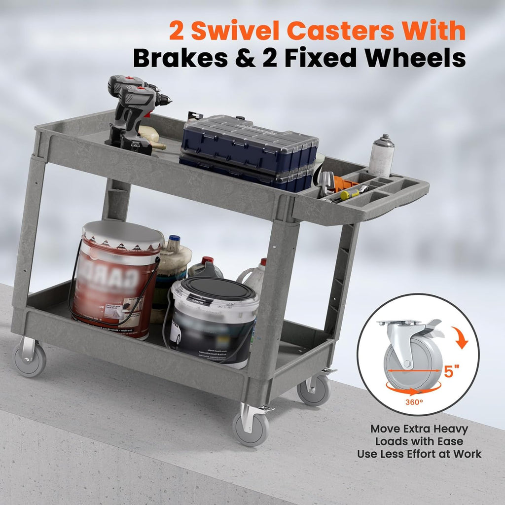 2 Tier Plastic Rolling Utility Cart on Wheels, Heavy Duty Tool Cart with Deep Shelves and 360° Swivel Wheels Holds up to 550 lbs, Service Cart for Warehouse,Garage, Cleaning (Gray-L)