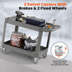 2 Tier Plastic Rolling Utility Cart on Wheels, Heavy Duty Tool Cart with Deep Shelves and 360° Swivel Wheels Holds up to 550 lbs, Service Cart for Warehouse,Garage, Cleaning (Gray-L)