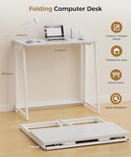 Folding Desk Small Foldable Desk for Small Space, 31.5 Inches Writing Computer Desks in Study, Home Office Foldable Office Desks for Bedroom, White