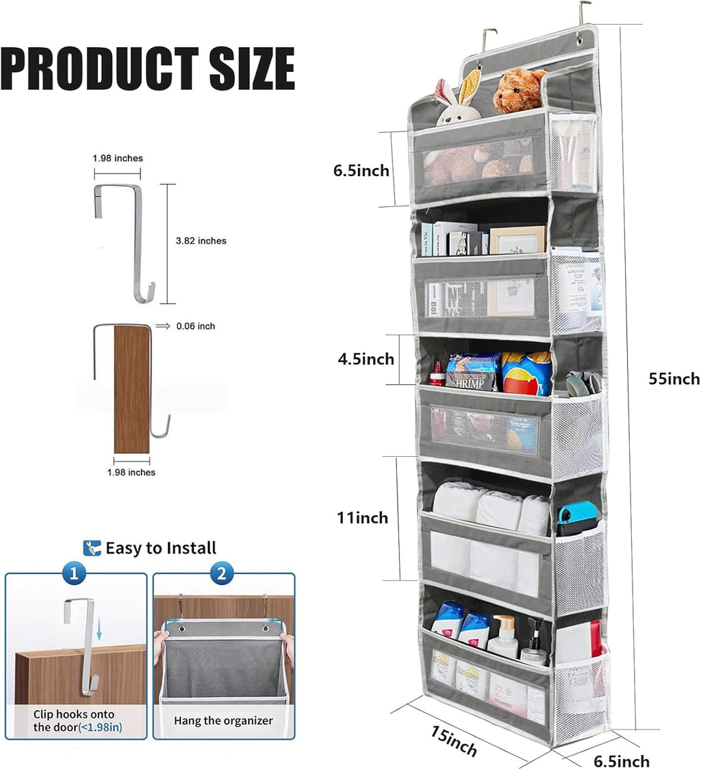 5-Tier Hanging Door Storage Rack Includes 5 shelves and 5 side mesh pockets Multi-compartment design Holds up to 44 lbs Ideal for bathrooms, bedrooms, nurseries, and kitchens (Gray/Black/Charcoal)