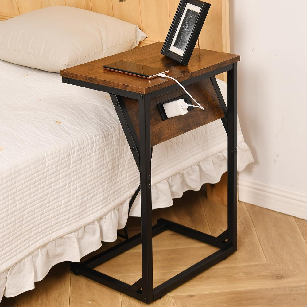 C-Shaped Side Table & End Table, Built-in Power Station (2 AC Outlets, 2 ...