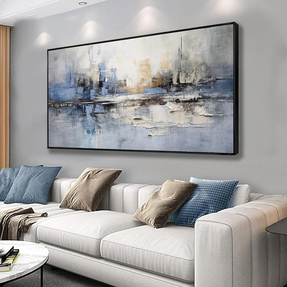 Abstract Wall Art Blue and White Reflection Large Size Framed Artwork Wall De...