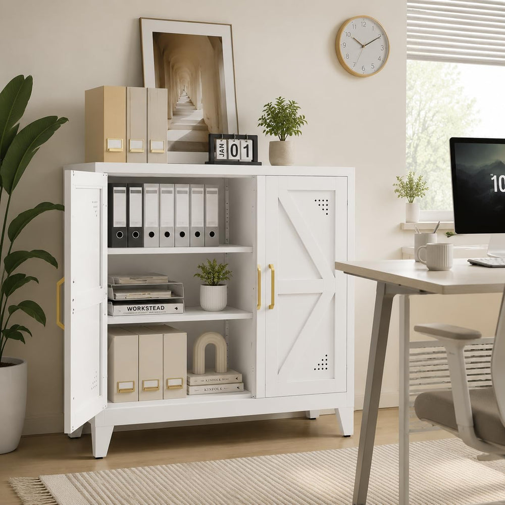 Short Storage Cabinet with 2 Doors and Adjustable Shelves, Metal Pantry Cabin...