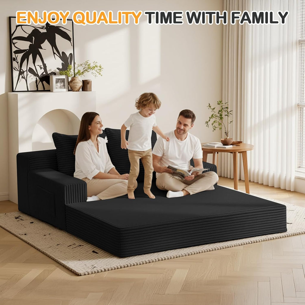 Erament Loveseat Boneless Convertible Sofa Bed, Folding Floor Futon Sleeper Sofa Couch Bed- Boneless Foldable Couch, Corduroy Pull Out Sofa Bed with 2 Pillows for Living Room & Bedroom