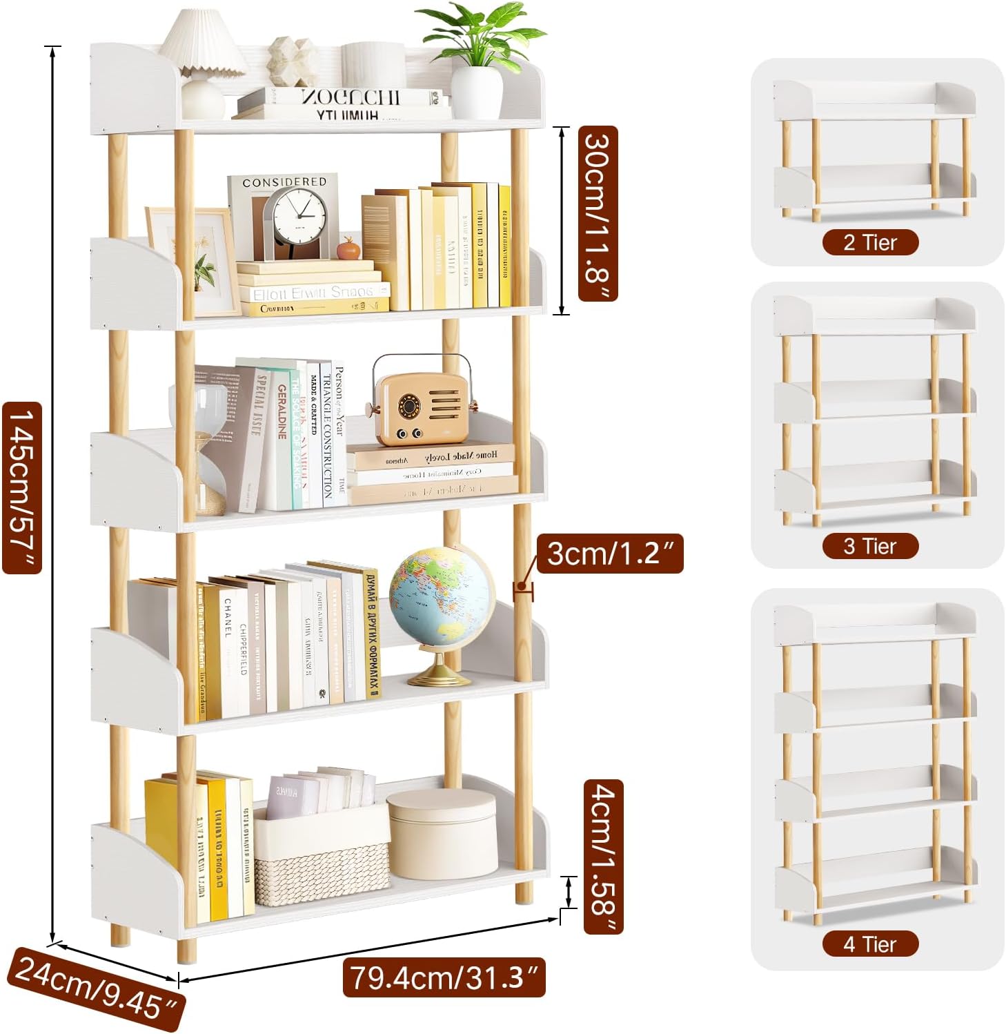 5-Tier Wooden Bookshelf, Modern Open Bookcase with Solid Wood Frame and Top Edge, Sturdy Freestanding Storage Organizer for Living Room, Bedroom, Home Office (White)