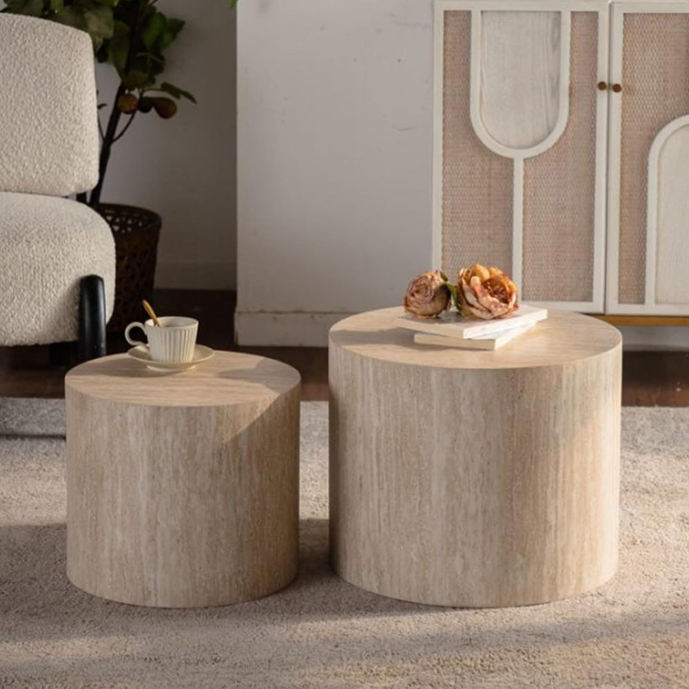 Retro Nesting Coffee Table Set of 2, 33.86" Round Wood Coffee Tables, Ci...