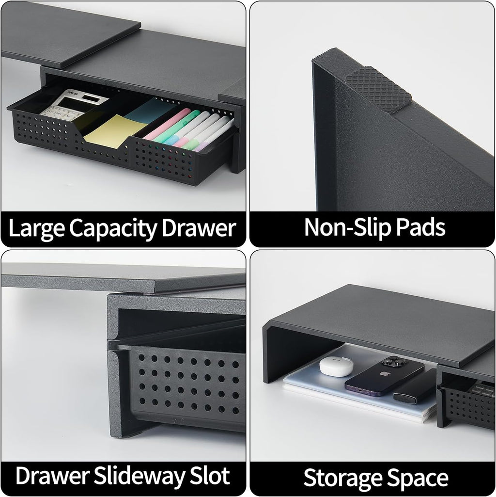 Dual Monitor Stand Riser with Drawer, Computer Stand for Desk, Workspace Desktop Stand, Desk Organizer for Computer, Laptop, TV and More (Black)