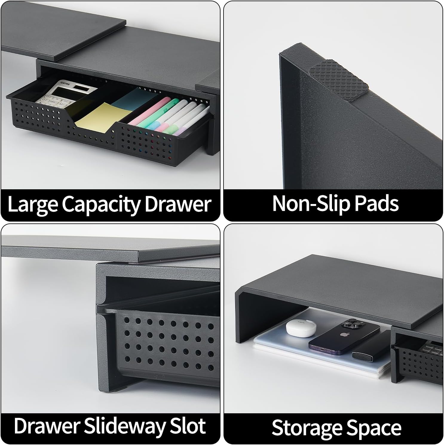 Dual Monitor Stand Riser with Drawer, Computer Stand for Desk, Workspace Desktop Stand, Desk Organizer for Computer, Laptop, TV and More (Black)