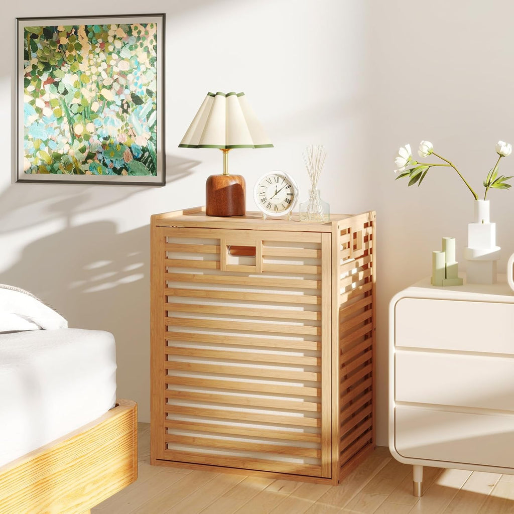 Giantex Tilt Out Laundry Hamper, Bamboo Laundry Storage Cabinet with Removable & Foldable Fabric Bin, Top Shelf, Laundry Basket Organizer for Bathroom, Laundry Room, Living Room, Bedroom, Natural