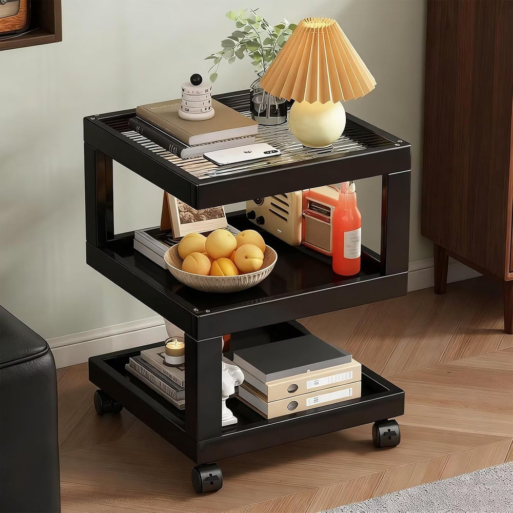 Bedroom Nightstand Cart Mobile Multi-Function Shelf with Lockable Casters, St...
