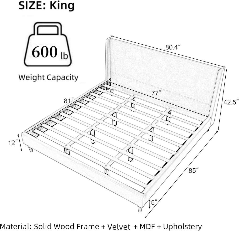 Merax King Size Velvet Bed Frame with Wingback Headboard, Upholstered Platfor...