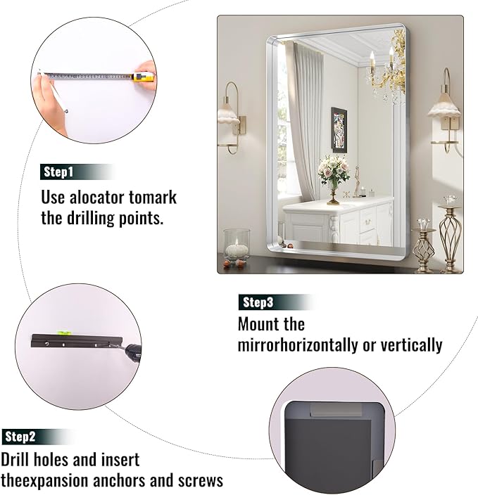Silver Bathroom Mirror for Wall, 36x24 Inch Rectangular Aluminum Alloy Framed Mirror, Modern Wall Mounted Vanity Mirror for Bathroom, Vertical or Horizontal