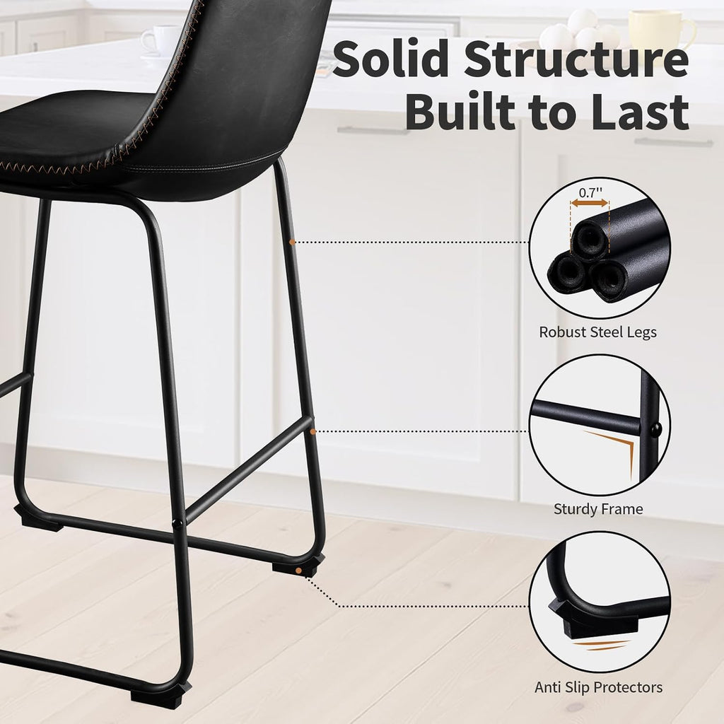 STOOLINK Counter Height Bar Stools Set of 2, 26 Inch Faux Leather Bar Stool | Bar Stools with Back, Bar Chairs, Modern, Kitchen Island, Metal Legs, Heavy Duty, Waterproof, Living Room, Black