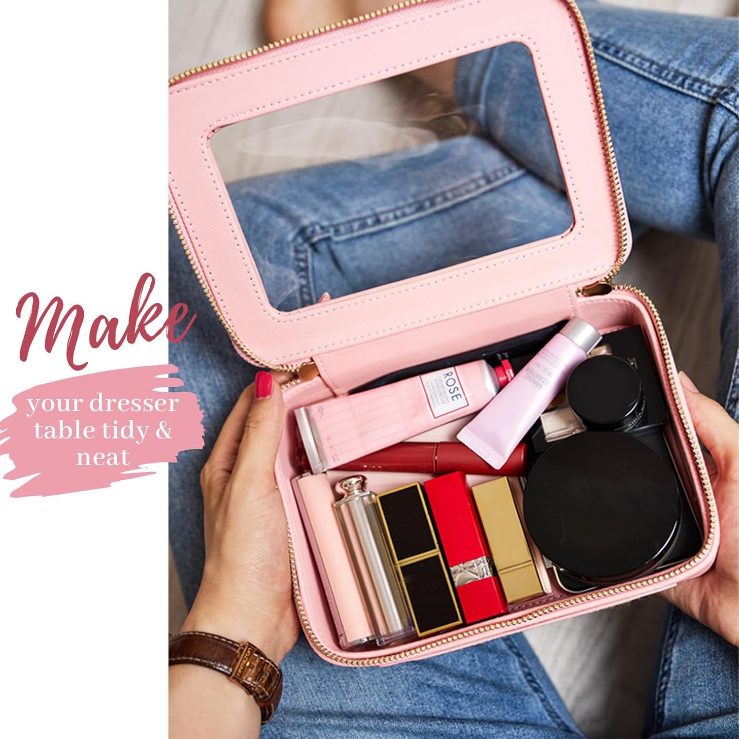 Aveniee Clear Makeup Bag Set (2-Piece Mini & Midi) - Travel Toiletry Organizer for Women, Waterproof Cosmetic Pouch & Car Accessory for Travel Size Toiletries, Pink